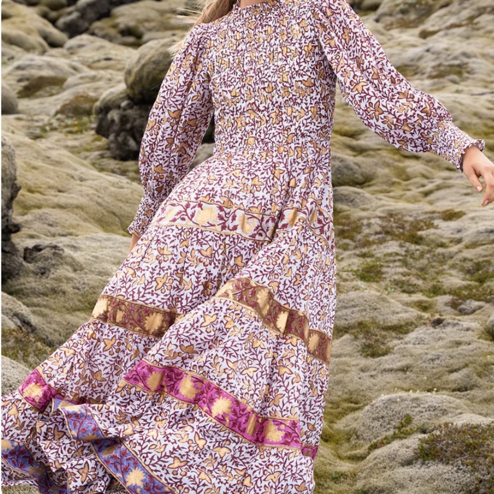 Oliphant smocked neck with Balloon Long Sleeve Maxi Dress